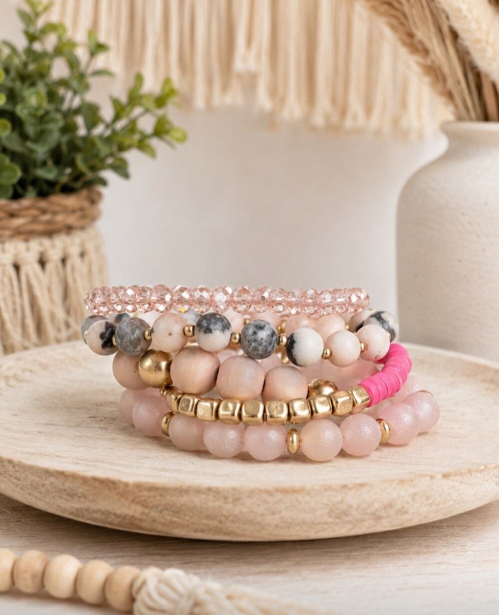 Pomina Pink Bracelet Stack Wood Stone Crystal New
